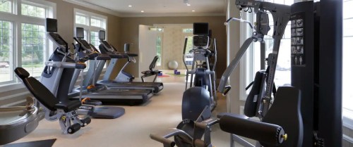 A modern gym interior featuring various exercise machines and equipment, with large windows letting in natural light.