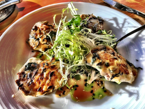 Grilled chicken pieces on a plate, garnished with greens and drizzled with sauce.