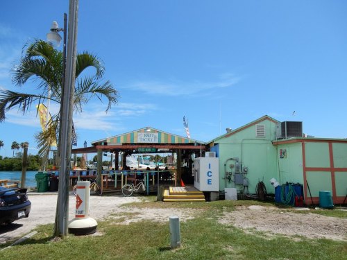 A colorful outdoor bar with a palm tree, picnic tables, and a sign for ice, set against a clear blue sky.