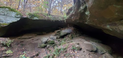 A rocky cave entrance surrounded by trees and autumn foliage in a forested area.