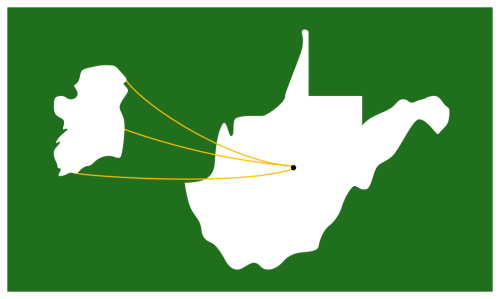 Map of West Virginia with lines connecting to Northern Ireland, symbolizing cultural or historical ties.