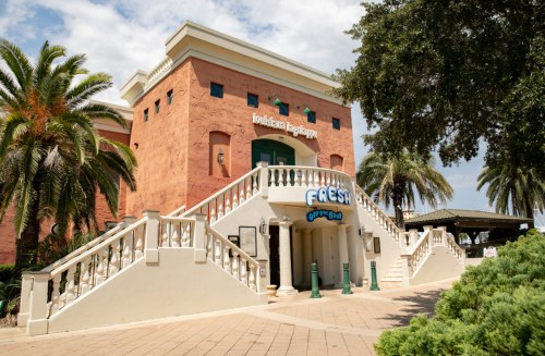 A colorful building with stairs leading up, surrounded by palm trees and greenery, featuring a sign that says "Fresh."