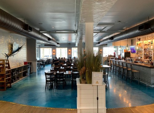 Interior of a restaurant featuring a bar, dining area, and blue flooring, with decorative lighting and plants.
