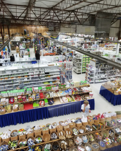 Aerial view of a large store filled with various products, organized shelves, and display tables.