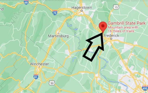 Map highlighting Gambrill State Park, located near Frederick, Maryland, with 16 miles of trails.