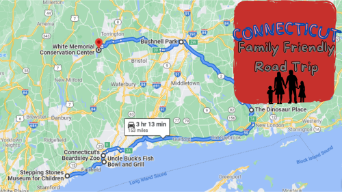 Map showing a family-friendly road trip route in Connecticut, highlighting key destinations and travel time.