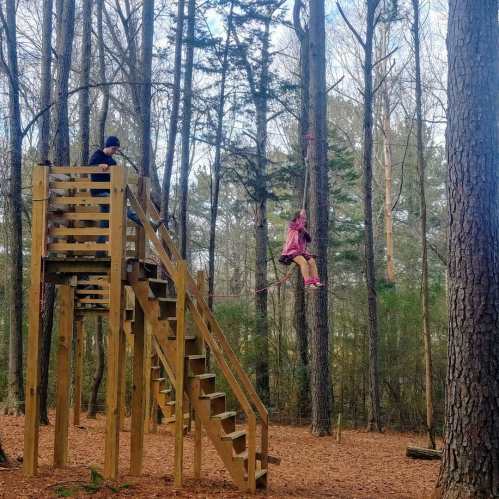 A wooden play structure in a forest, with a child on a swing and another child climbing stairs.