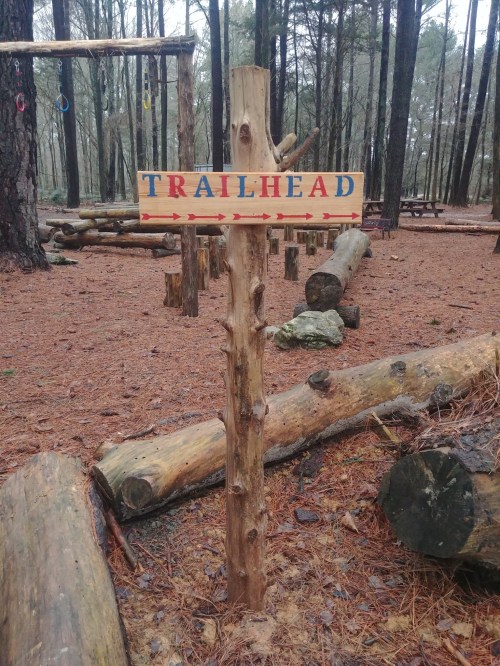 Wooden trailhead sign in a forest, surrounded by logs and trees, indicating the start of a hiking trail.