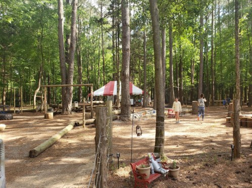 A wooded area with a red and white striped tent, swings, and people walking along a dirt path.