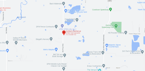 Map showing the location of Goldee's Barbecue, nearby businesses, and landmarks in a rural area.