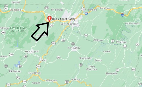 Map showing the location of "God's Ark of Safety" near Bowling Green, West Virginia, with an arrow pointing to it.