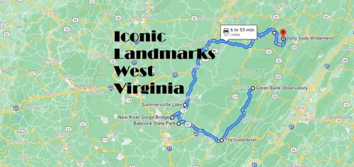 Map of West Virginia highlighting iconic landmarks, including Dolly Sods Wilderness and New River Gorge Bridge.