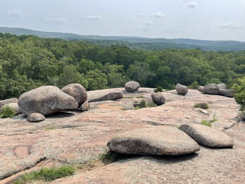 A rocky landscape with large boulders scattered on a flat surface, surrounded by lush green trees and distant hills.