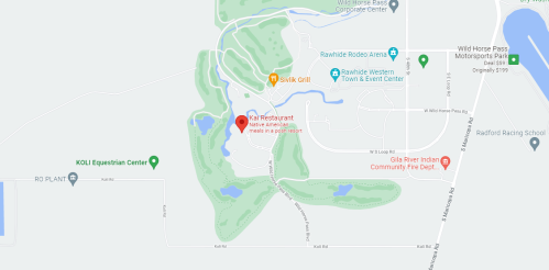Map showing the location of Kia Restaurant near Wild Horse Pass and surrounding facilities in a resort area.