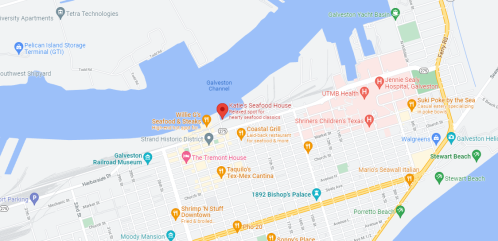 Map of Galveston, Texas, highlighting Katie's Seafood House and nearby landmarks and attractions.