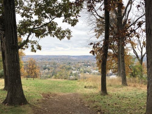 A scenic view from a hilltop, framed by trees, showcasing a valley with autumn foliage and a cloudy sky.