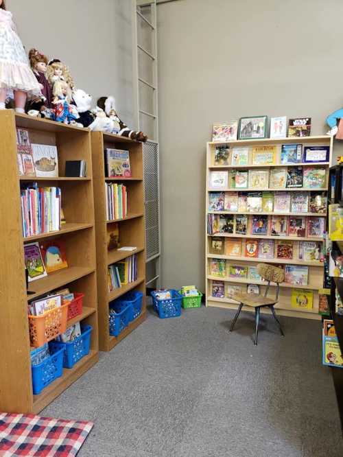 A cozy corner of a library with wooden bookshelves filled with children's books and plush toys on top.