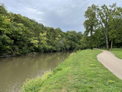 A serene riverbank scene with lush green trees and a walking path beside a calm, muddy river under a cloudy sky.