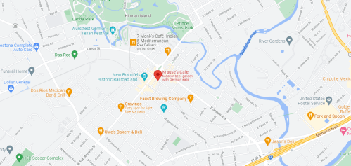 Map showing the location of Krause's Café and nearby landmarks in New Braunfels, Texas.