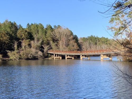 A wooden bridge spans a calm lake, surrounded by trees under a clear blue sky.
