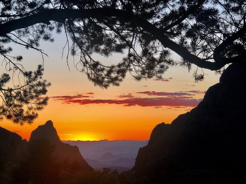 A vibrant sunset over mountains, framed by tree branches, with orange and purple hues in the sky.