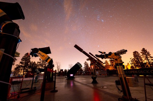 A stargazing observatory with telescopes under a starry night sky, surrounded by trees and a glowing horizon.