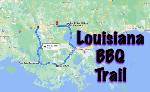 Map of the Louisiana BBQ Trail, highlighting a route of 203 miles with key BBQ stops marked.
