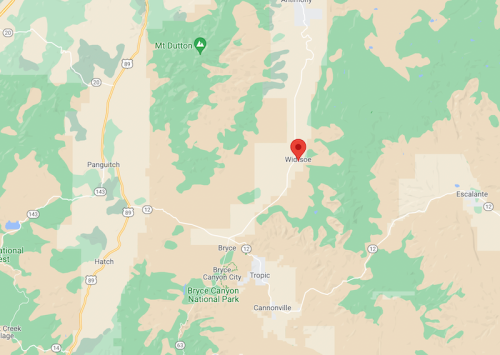 Map showing the location of Widsoe, Utah, near Bryce Canyon National Park, with surrounding areas and roads.
