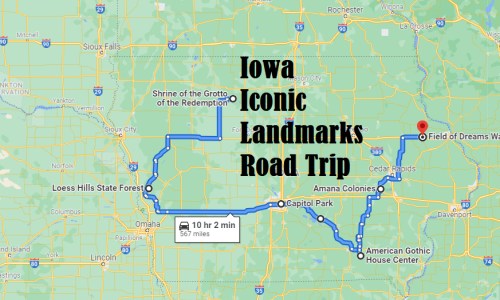 Map of Iowa highlighting a road trip route to iconic landmarks, including the Field of Dreams and American Gothic House.