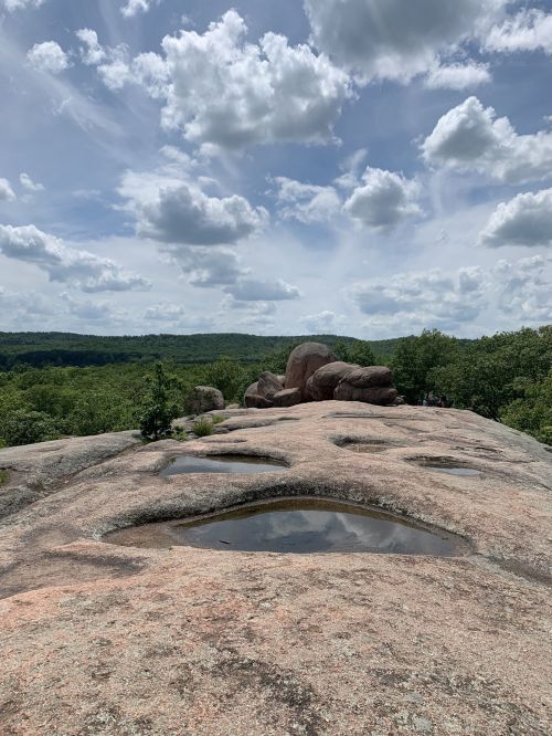 A rocky landscape with shallow pools of water, surrounded by green trees and a cloudy sky.