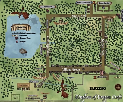 Map of the Kingdom of Dragon Croft, featuring locations like King's Row, Village Green, and parking areas.