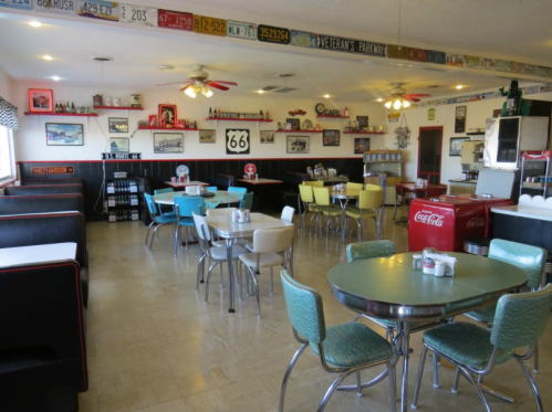 Retro diner interior with colorful seating, vintage decor, and a nostalgic atmosphere.