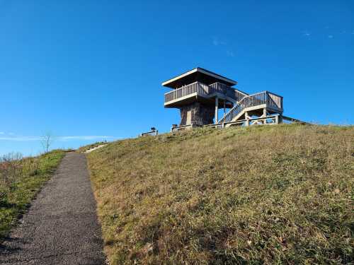 A wooden observation tower on a grassy hill under a clear blue sky, with a path leading up to it.