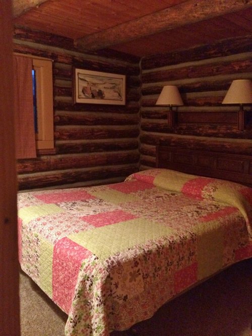 Cozy log cabin bedroom featuring a quilted bedspread, wooden walls, and lamps on either side of the bed.