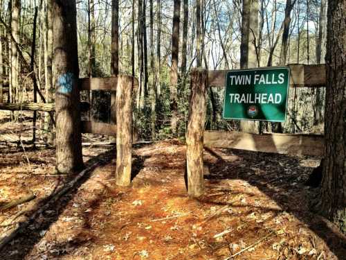 Sign for Twin Falls Trailhead at the entrance of a wooded area, surrounded by trees and fallen leaves.