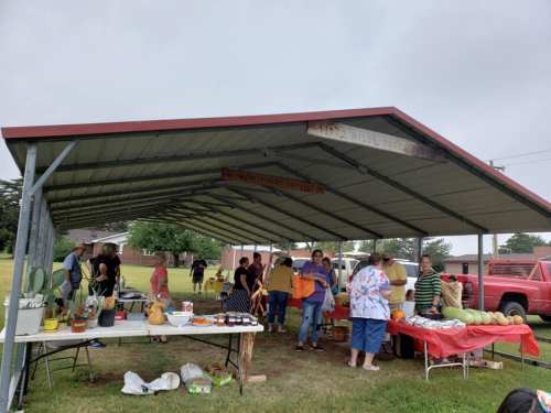 A community gathering under a metal pavilion with tables of food and people socializing in a grassy area.