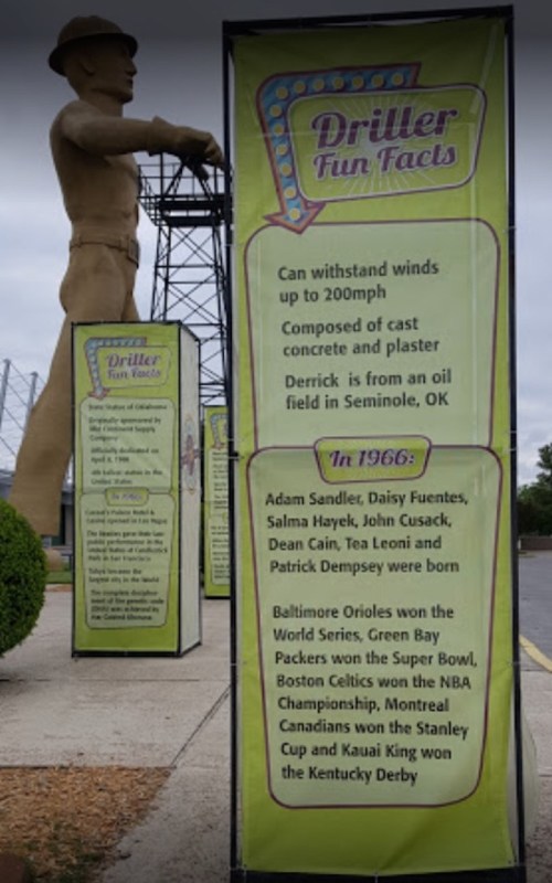 Signage featuring "Driller Fun Facts" about a statue, including wind resistance, materials, and notable events from 1966.