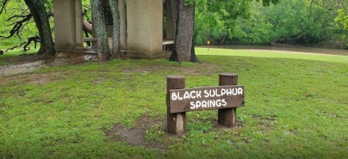 Sign for Black Sulphur Springs near a grassy area with trees and a river in the background.