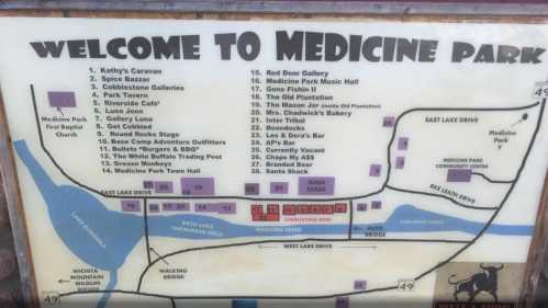 Map of Medicine Park, listing attractions, restaurants, and points of interest with directional markers.