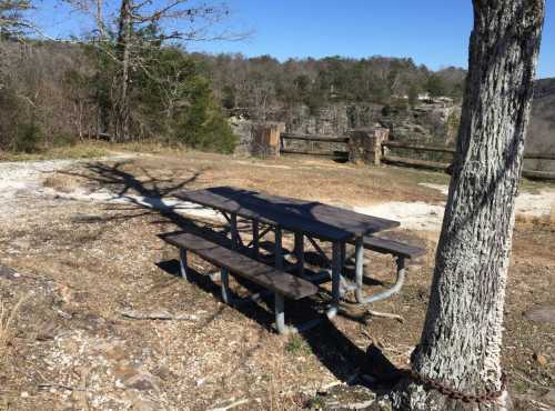 A picnic table sits in a grassy area near a rocky cliff, surrounded by trees under a clear blue sky.