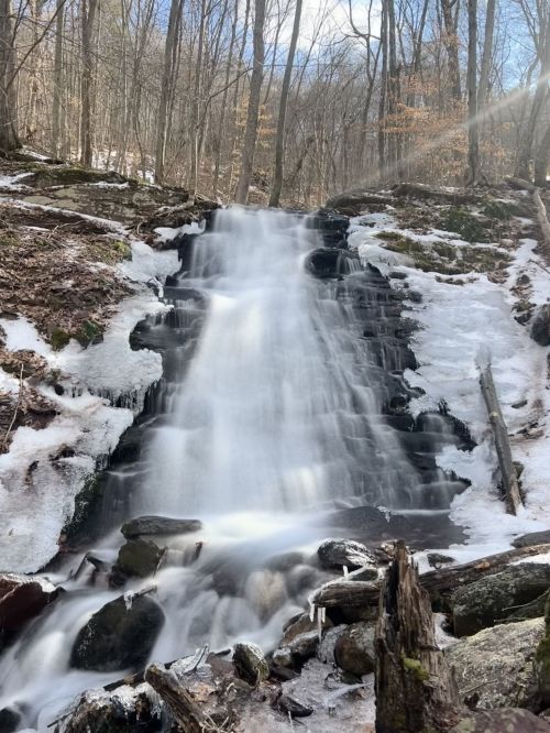 A serene waterfall cascades over rocks, surrounded by trees and patches of snow in a tranquil forest setting.