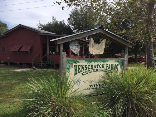 A rustic farm building with a sign reading "Henscratch Farms" surrounded by greenery and trees.