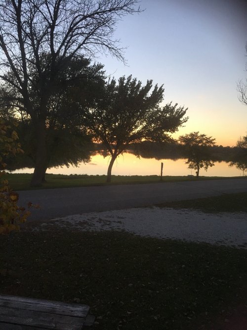 A serene lakeside scene at sunset, with silhouetted trees and a calm water reflection.