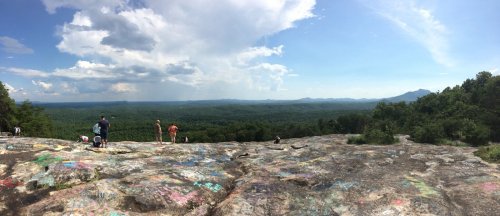 A panoramic view from a rocky outcrop, with people exploring and a lush green landscape stretching into the distance.
