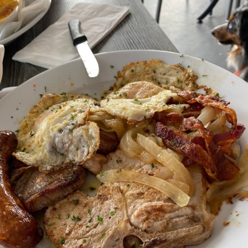 A plate of grilled meats, fried eggs, onions, and bacon, with a dog in the background.