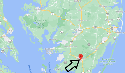 Map showing the location of Pocomoke, Maryland, with an arrow pointing to the city.