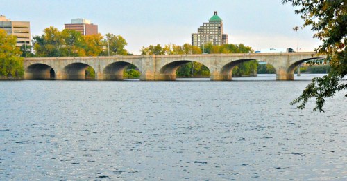 A stone bridge with arches spans a river, surrounded by trees and city buildings in the background.