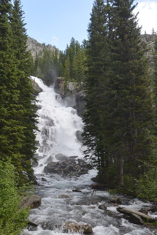 A cascading waterfall surrounded by tall green trees and rocky terrain, with mist rising from the water.