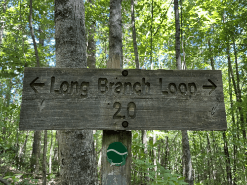 Wooden trail sign indicating "Long Branch Loop" with a distance of 2.0 miles, surrounded by trees.