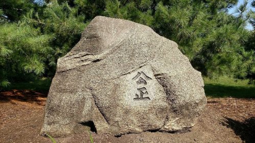 A large, textured rock with a carved symbol on its surface, surrounded by greenery.